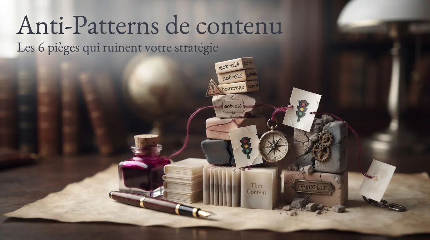 Photographie éditoriale haut de gamme pour un article intitulé 'Anti-Patterns Contenu : Les 6 Pièges qui Ruinent votre Stratégie'. Composition sobre et raffinée mettant en scène des éléments abstraits minimalistes suggérant la structure et les failles de contenu. Éclairage naturel doux, palette de couleurs sophistiquée et feutrée, faible profondeur de champ avec un arrière-plan flou élégant. Style épuré, sans néons ni éléments chaotiques.
