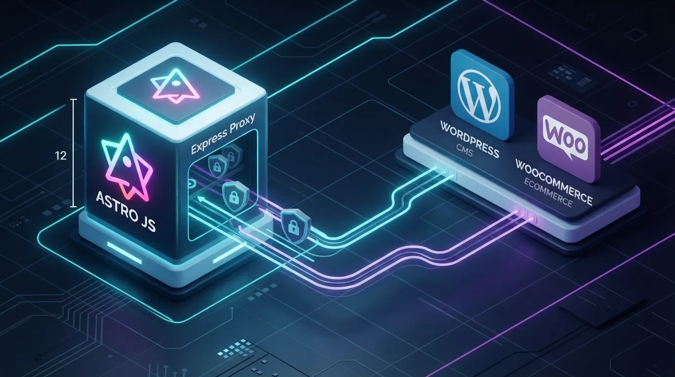 Architecture technique d'un proxy Express intégré à Astro en SSR : schéma de communication entre le navigateur, le serveur Node.js et les API WordPress/WooCommerce