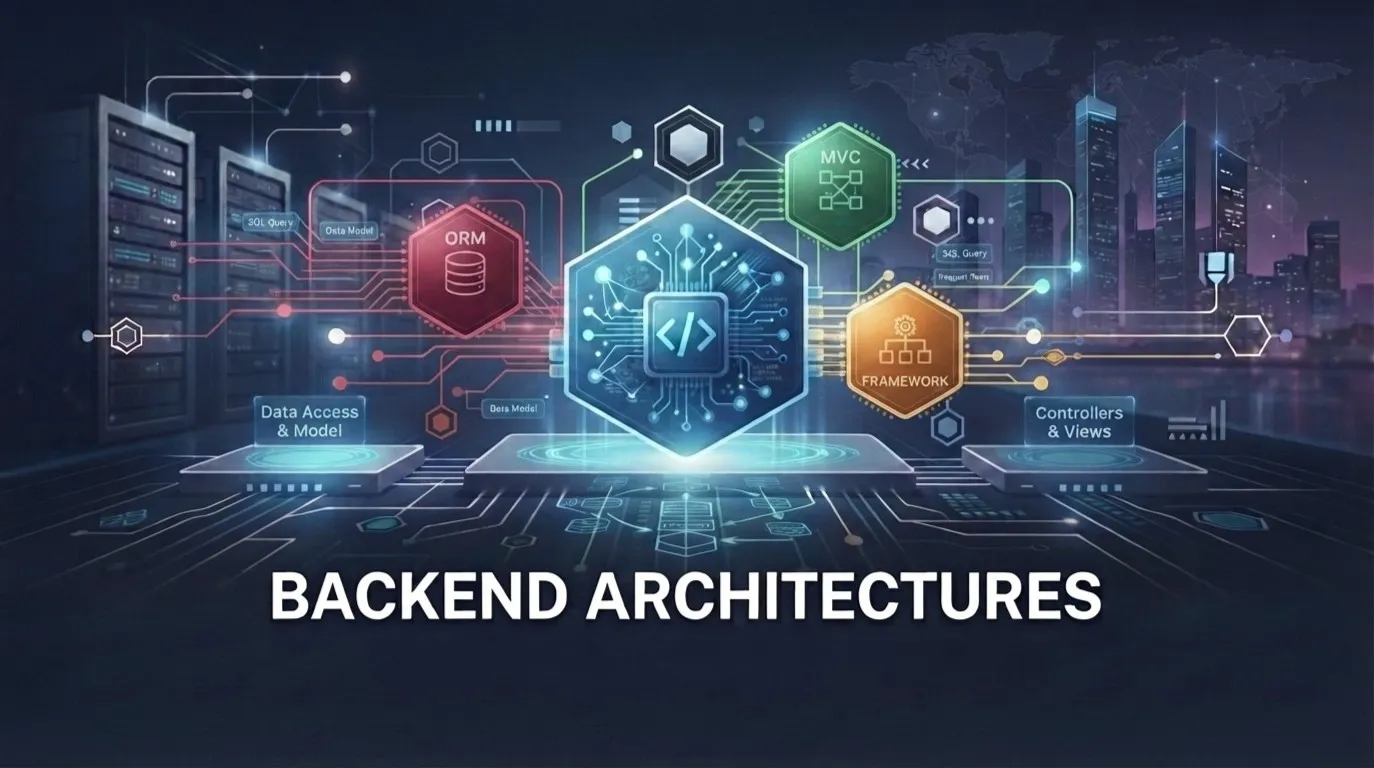 Image de tête moderne et professionnelle pour un article technique intitulé « Architectures backend – Choisir la bonne pile technologique ». La composition présente une icône stylisées avec une représentation symboliques des chevrons du développement sur une mise en page équilibrée et abstraite. Des lignes épurées, une palette de couleurs axée sur la technologie (bleus, gris et violets profonds) et des éléments architecturaux futuristes tels que des circuits lumineux ou des silhouettes de baies de serveurs en arrière-plan. Style d’illustration numérique de haute qualité, minimaliste et professionnel.