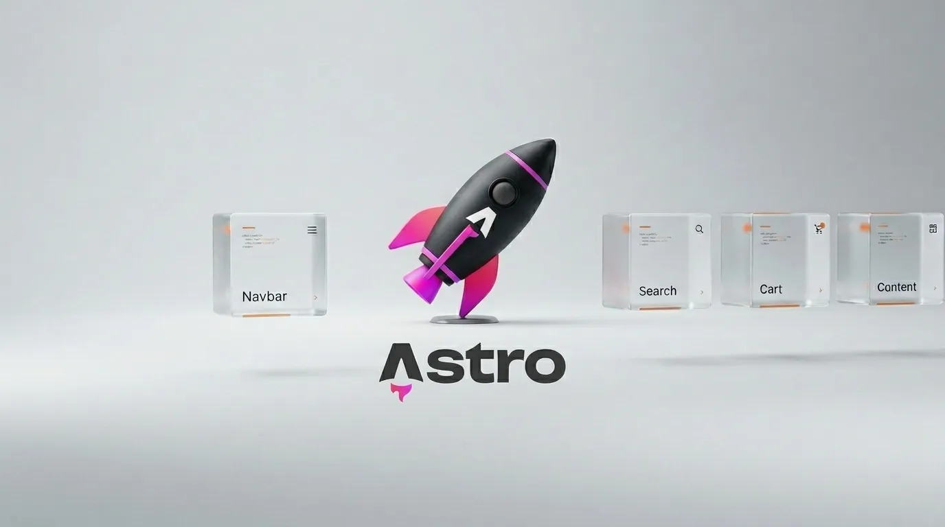 Illustration 3D minimaliste et professionnelle pour le framework web Astro. Un logo Astro élégant, représentant une fusée en noir mat et orange, est placé au centre d’un fond de studio épuré, de couleur gris clair. L’« architecture des îles » est subtilement représentée par quelques modules de verre translucides isolés, parfaitement alignés, flottant à proximité. L'éclairage est doux et sobre, avec des ombres nettes. Le design global est sobre, haut de gamme et sophistiqué, évitant les néons ou les éléments chaotiques afin de conserver un aspect éditorial professionnel. Faible profondeur de champ.