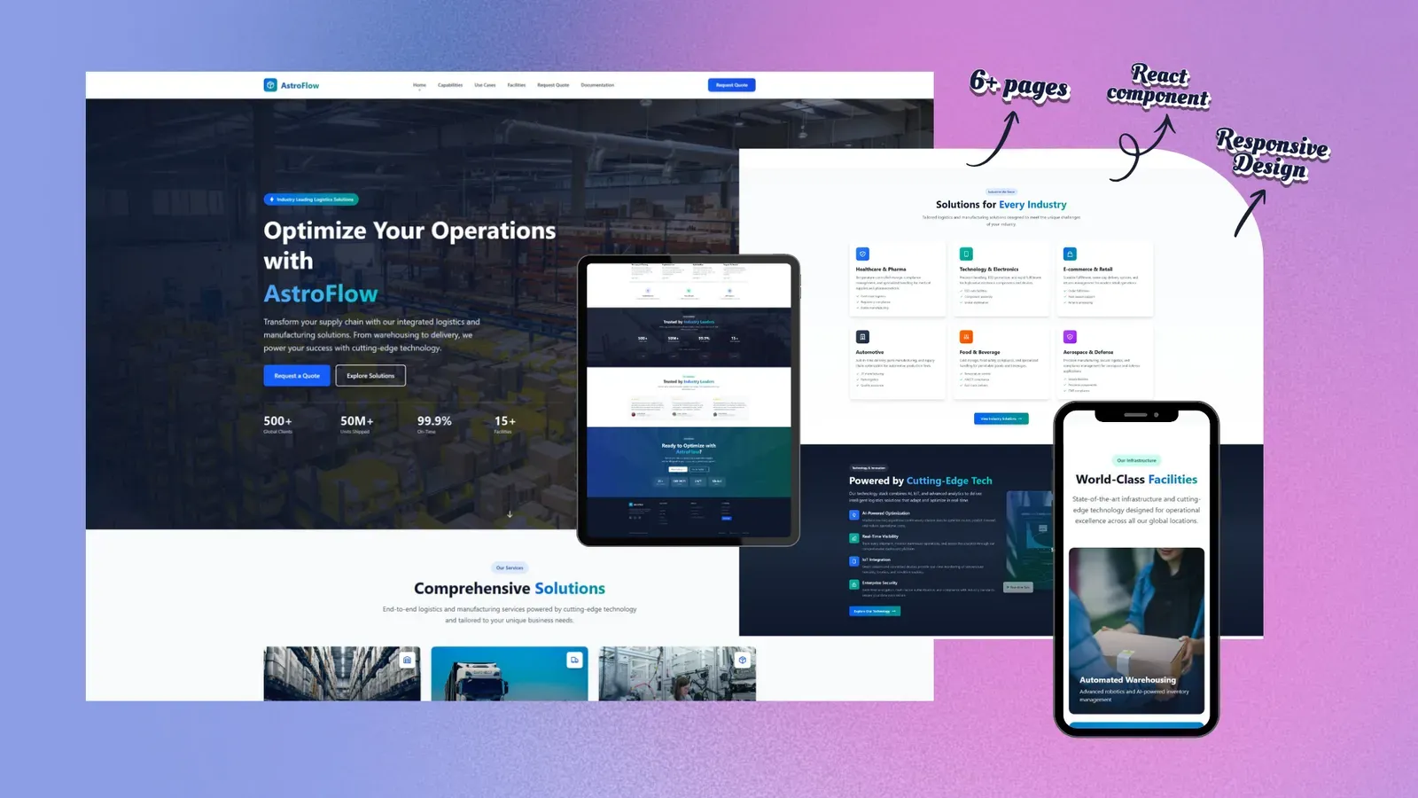 Modèle de plateforme logistique et de transport avec architecture moderne, interface responsive et gestion des commandes optimisée.