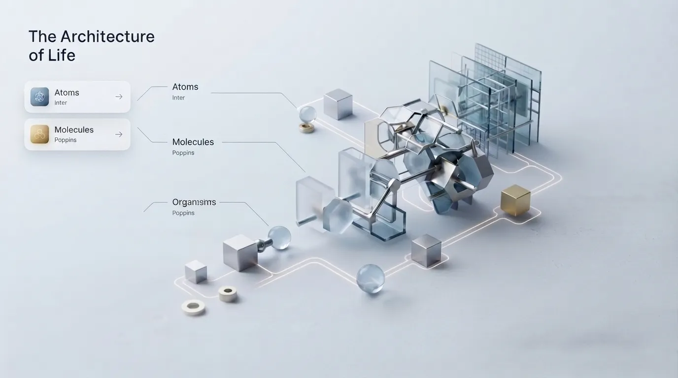 Illustration éditoriale abstraite haut de gamme pour un article intitulé « Atomic Design : Architecture de composants UI ». L'image représente une hiérarchie minimaliste et sophistiquée de modules géométriques en verre ou en métal, allant de petites unités isolées (atomes) à des structures complexes imbriquées (organismes). Une esthétique raffinée et sobre, mettant l'accent sur la précision structurelle et la modularité.