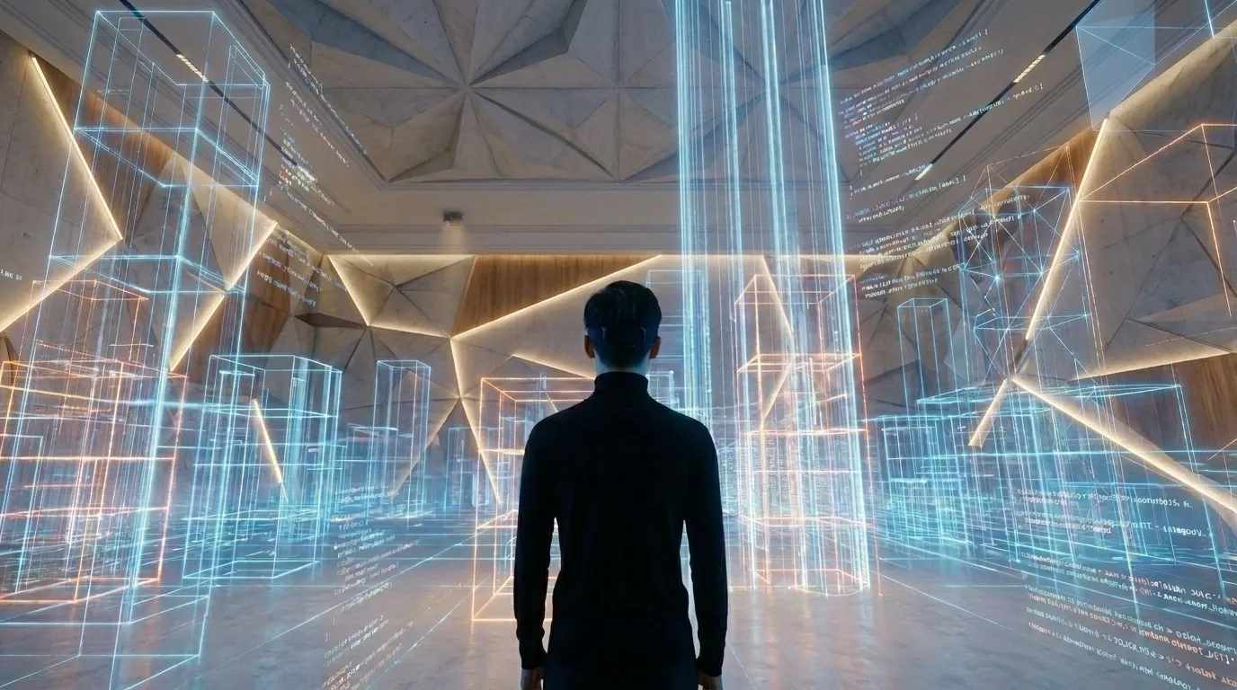 Vue de dos, au niveau de la taille, d'une personne portant un casque de réalité virtuelle, debout au centre d'une grande pièce aux murs géométriques en bois et béton. Autour d'elle se déploie un environnement numérique holographique en 3D composé de grilles de données, de lignes de code informatique bleues et de structures de bâtiments stylisées en fil de fer lumineux bleu et orange, évoquant la visualisation de données de type smart city ou métavers. représentation futuriste de l'interaction entre l'humain et le monde numérique du futur.