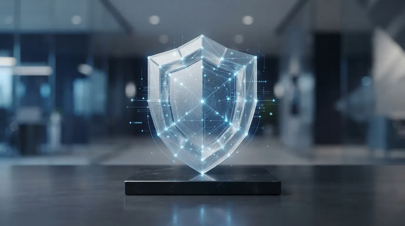Illustratuion d'un bouclier cristallin pour parler de l'hygiène numérique et de la cybersécurité. Une structure symbolique, composée de verre dépoli semi-translucide et de nœuds géométriques lumineux. Le bouclier vibre subtilement d'une douce lumière bleue, posé sur une surface sombre et réfléchissante de couleur charbon. Composition architecturale épurée, faible profondeur de champ avec un arrière-plan au bokeh raffiné. Palette sophistiquée mêlant l'argenté, le verre et le bleu marine profond. Esthétique professionnelle et corporate, épurée et sereine.
