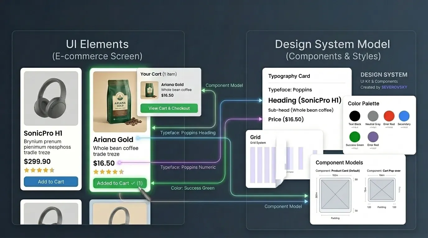 Schéma d'architecture d'un design system (DS) montrant la hiérarchie des composants, des atomes aux templates, avec les connexions entre Figma et le code