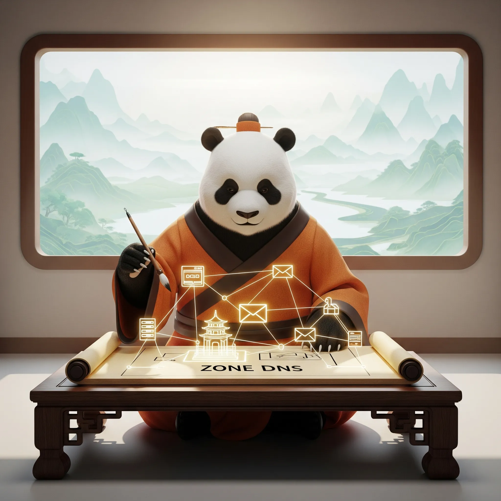 Panda traçant une carte sur un parchemin, représentant la configuration des enregistrements DNS et le routage du nom de domaine
