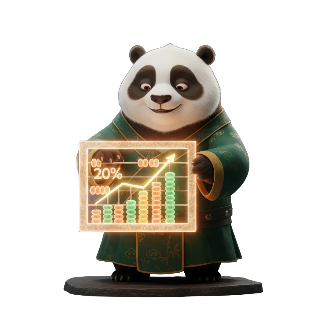 Panda en habit traditionnel vert tenant un boulier avec un graphique lumineux montrant une augmentation de 20% et une flèche de croissance