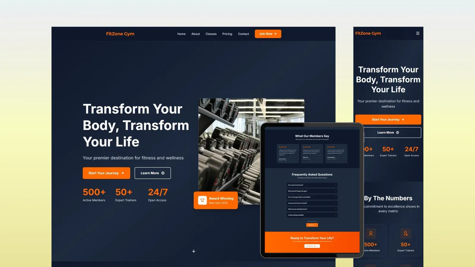 Thème moderne et responsive pour sites web de salles de sport avec présentation des installations, cours, tarifs et formulaires de contact.