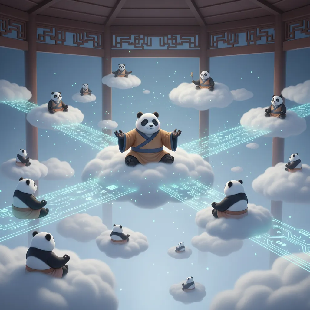 Pandas méditant sur des nuages interconnectés, symbolisant l'hébergement cloud