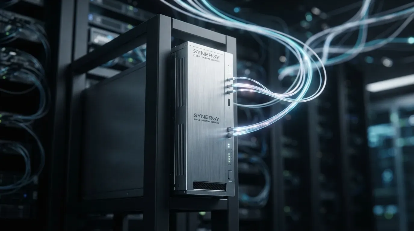 Représentation d'une baie de serveur pour un hébergement gérés. Un module de serveur aux lignes épurées en aluminium brossé, traversé par des lignes de fibre optique lumineuses, symbolisant la sécurité et le flux de données. La composition est épurée et architecturale, sur fond sombre et mat couleur charbon. Faible profondeur de champ avec un bokeh doux sur les détails techniques. Touches sophistiquées de bleu et d'argent. Esthétique professionnelle, corporate et raffinée, adaptée à un portail destiné aux PME.