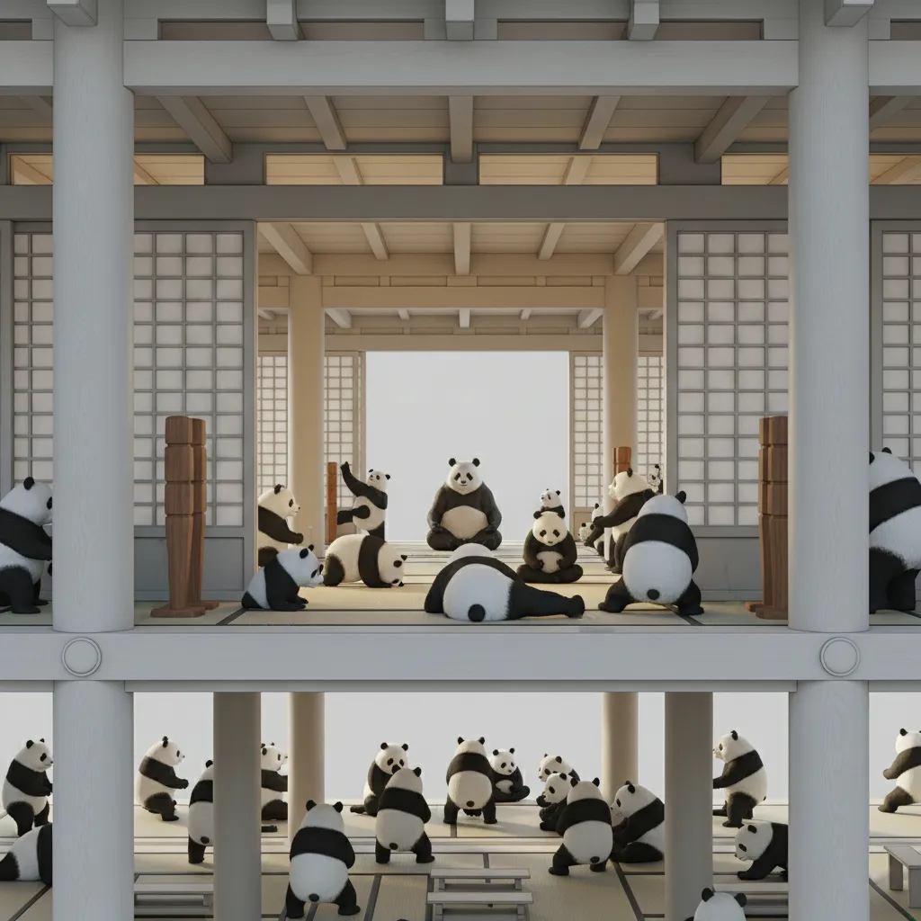 Nombreux pandas partageant un dojo commun, illustrant l'hébergement mutualisé