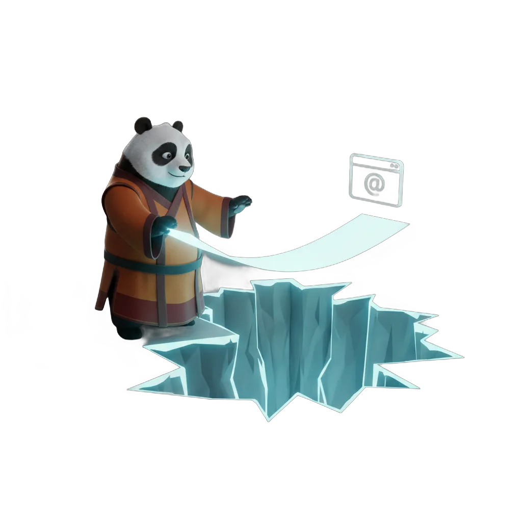 Panda Bao-Link en robe de moine devant une crevasse lumineuse, manipulant une bande de lumière connectée à un site web