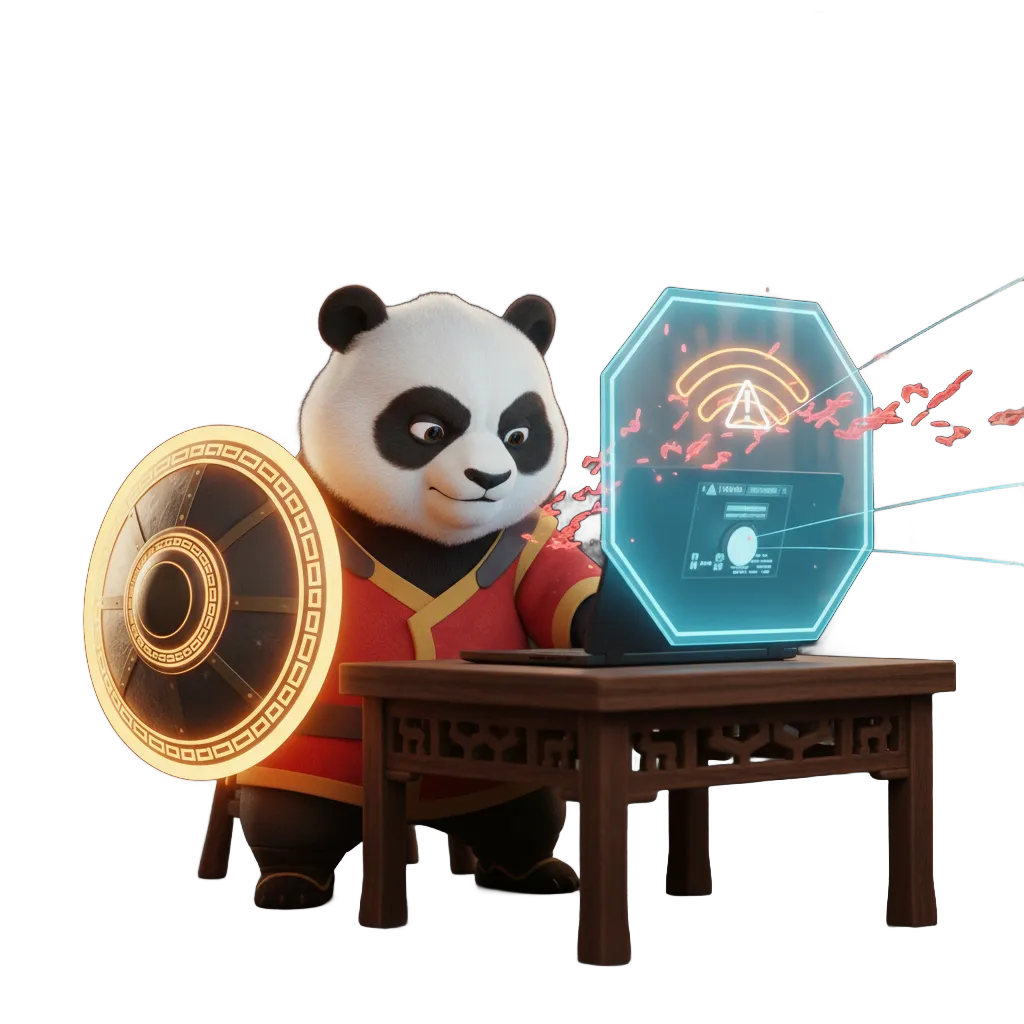 Panda Bao-Link avec un bouclier devant un écran d'alerte de vulnérabilité Wi-Fi