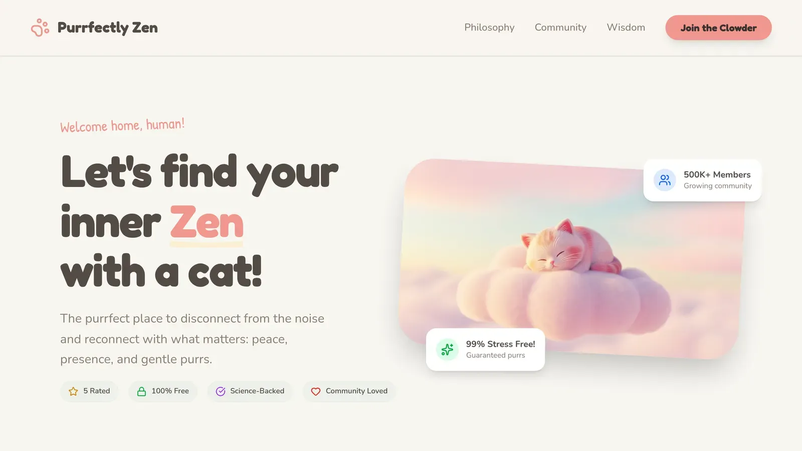 Application de méditation et pleine conscience à thème félin, conçue pour aider les utilisateurs à se déconnecter du bruit et retrouver la sérénité.