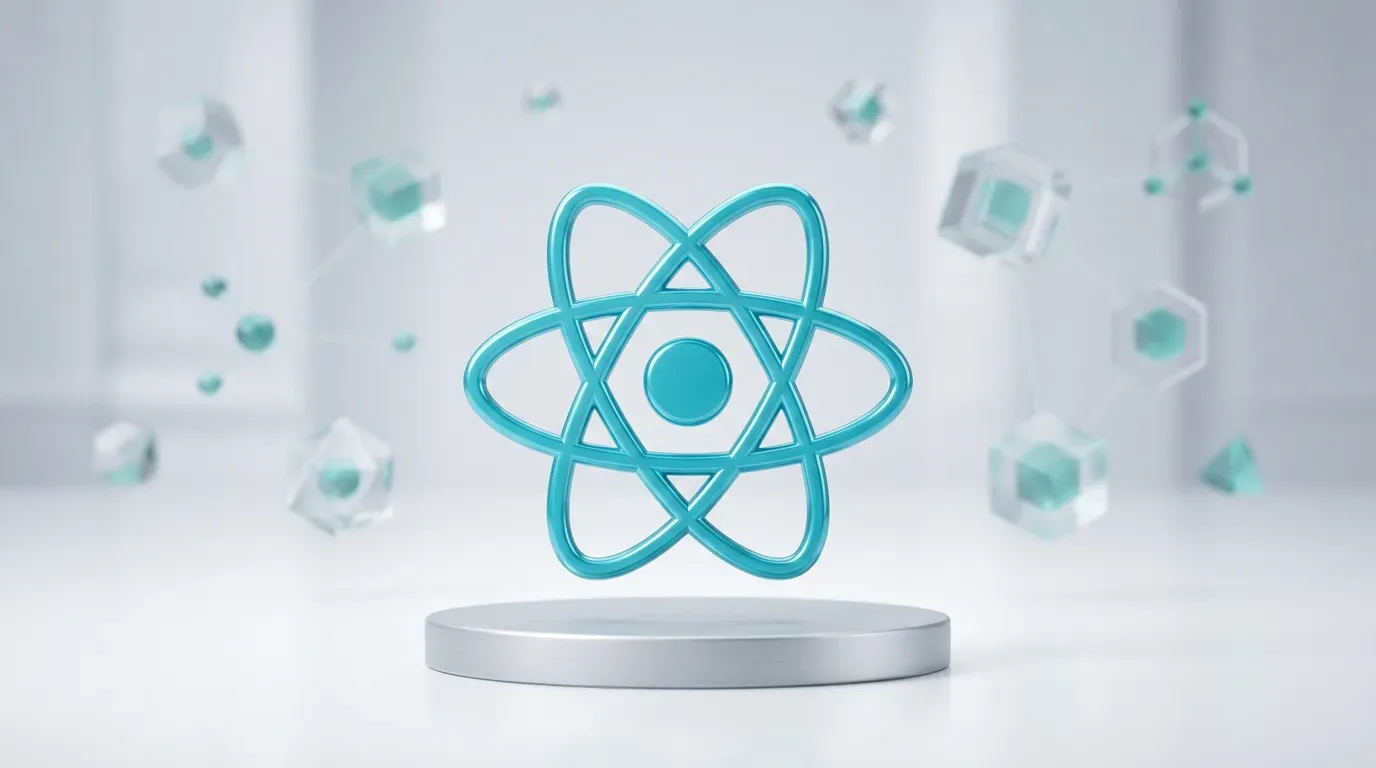 Illustration 3D professionnelle et minimaliste pour la bibliothèque React. Le symbole emblématique de React, l’« atome », est représenté dans un matériau turquoise élégant et raffiné, placé au centre d’un arrière-plan de studio épuré et sophistiqué, dans des tons de blanc et de gris clair. Des formes géométriques subtiles et translucides flottent en arrière-plan pour représenter les composants et les hooks. L’éclairage est doux et professionnel, créant une ambiance éditoriale haut de gamme. Composition minimaliste, sobre et structurée, avec une faible profondeur de champ.
