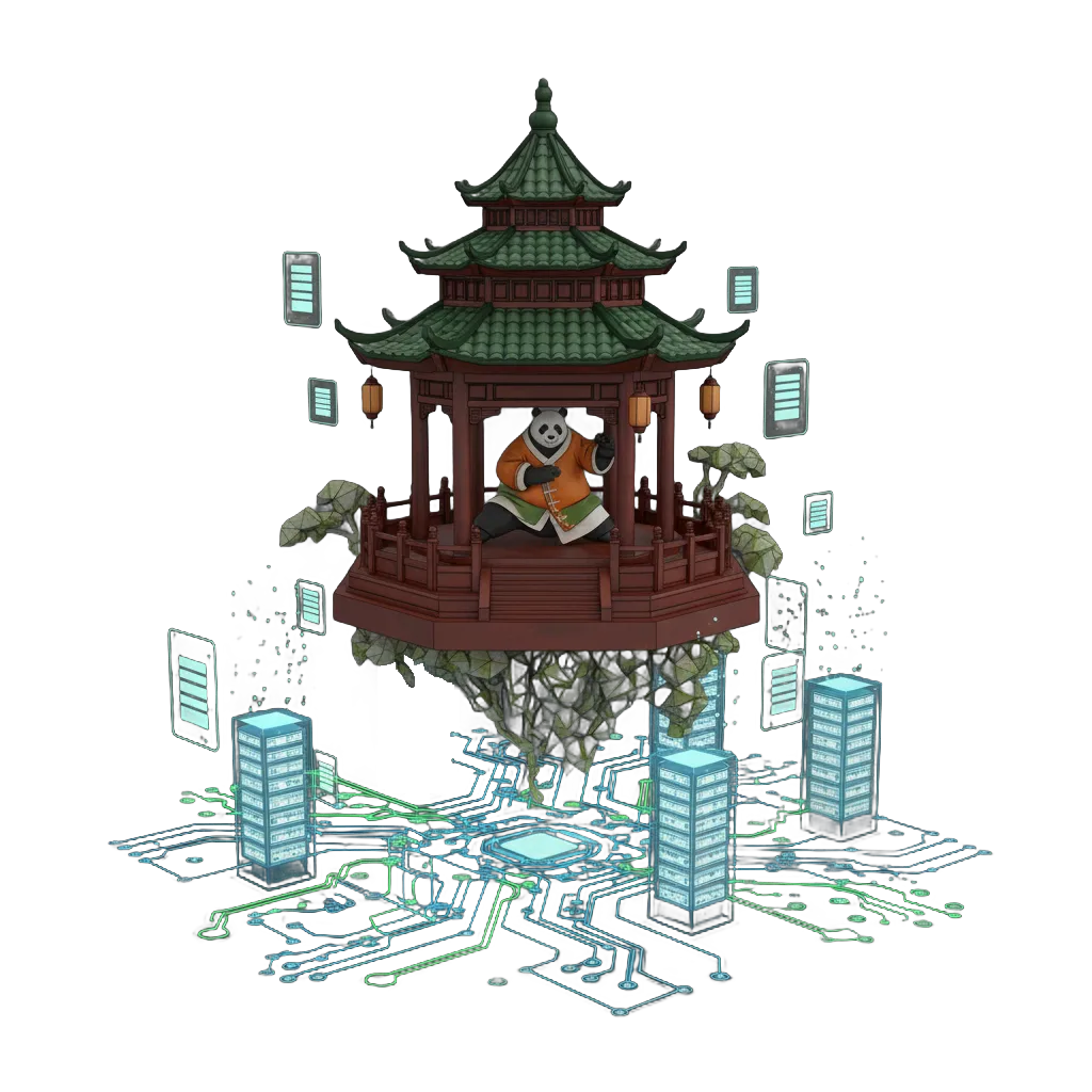 Dojo flottant avec un panda maître au-dessus de serveurs d'hébergement, symbolisant un site web sécurisé