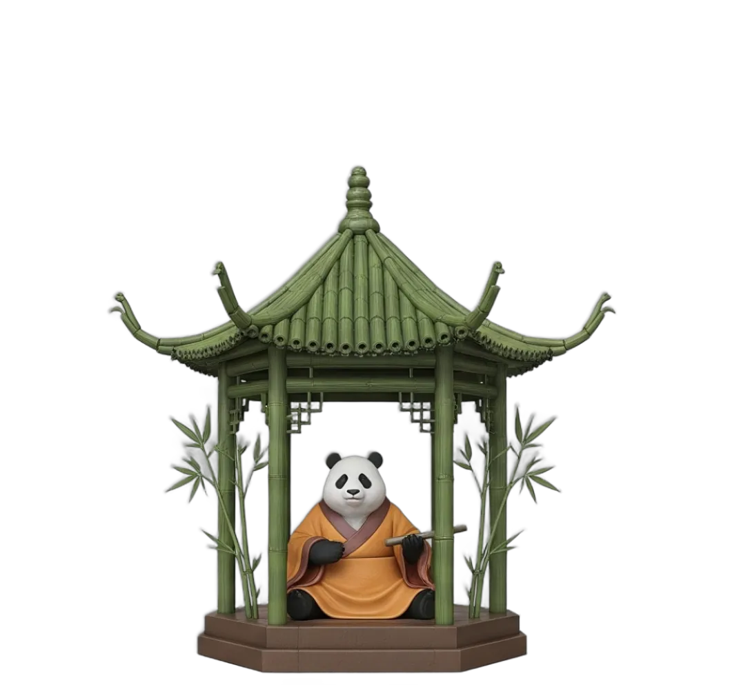 Panda assis en méditation dans un pavillon en bambou, représentant le sanctuaire d'un site web hébergé