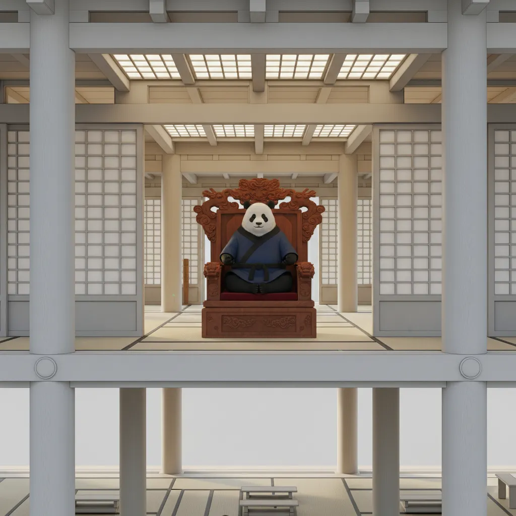 Panda maître assis sur un trône dans un dojo imposant, représentant la puissance d'un serveur dédié