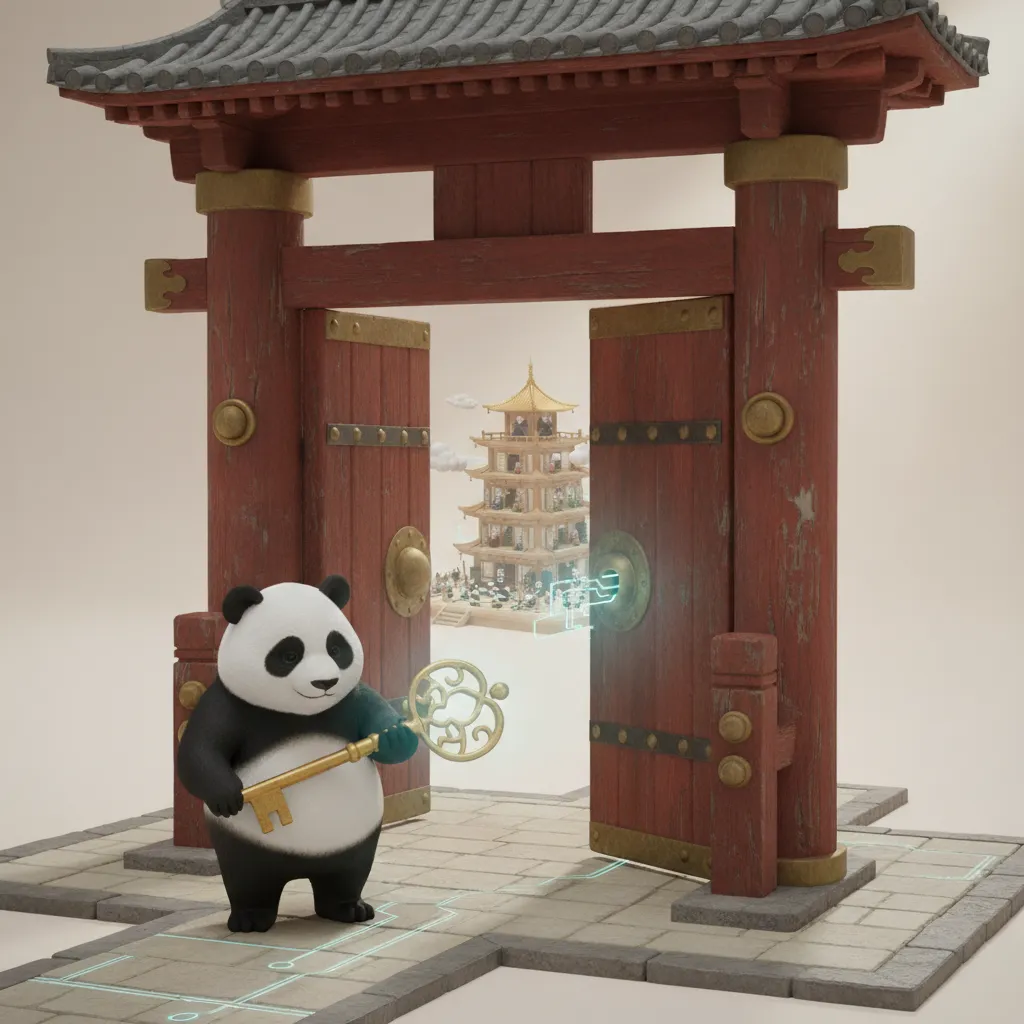 Panda tenant une clé devant une porte, symbolisant le nom de domaine comme sésame d'accès au site web