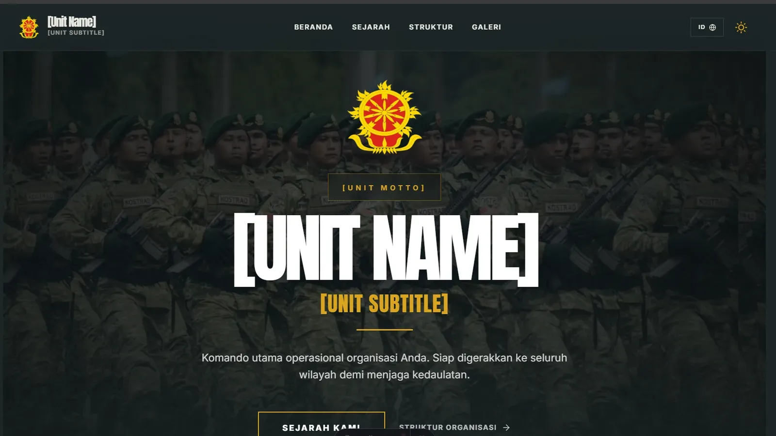 Modèle de site vitrine pour organisations militaires, clubs d'airsoft, team building et activités de plein air avec présentation des équipes et des services.